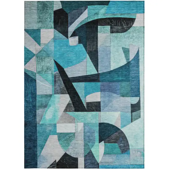 Teal Blue Black Aqua And Turquoise Abstract Washable Indoor Outdoor Area Rug Photo 4