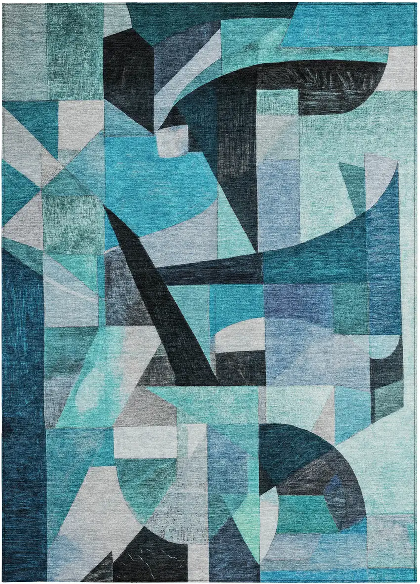 Teal Blue Black Aqua And Turquoise Abstract Washable Indoor Outdoor Area Rug Photo 4