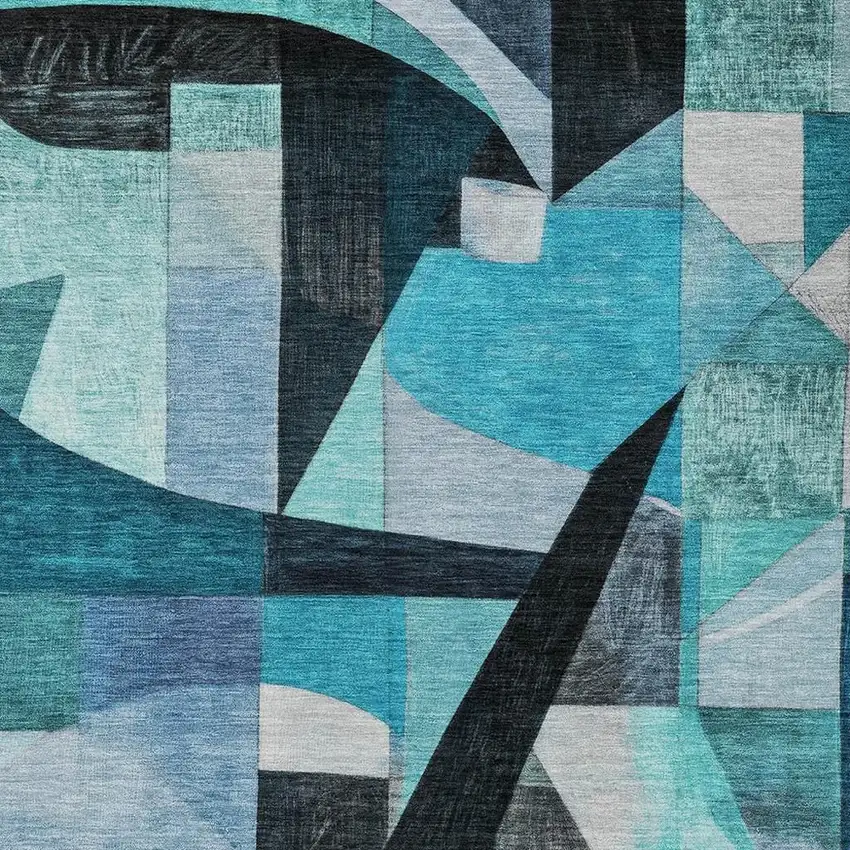 Teal Blue Black Aqua And Turquoise Abstract Washable Indoor Outdoor Area Rug Photo 3