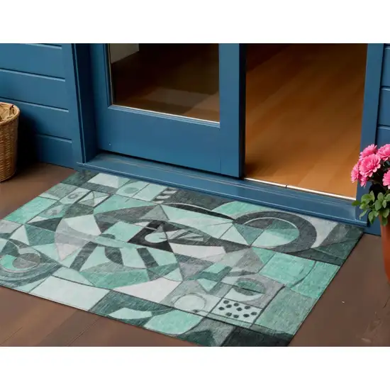 Teal Blue Black Ivory And Gray Abstract Washable Indoor Outdoor Area Rug Photo 2