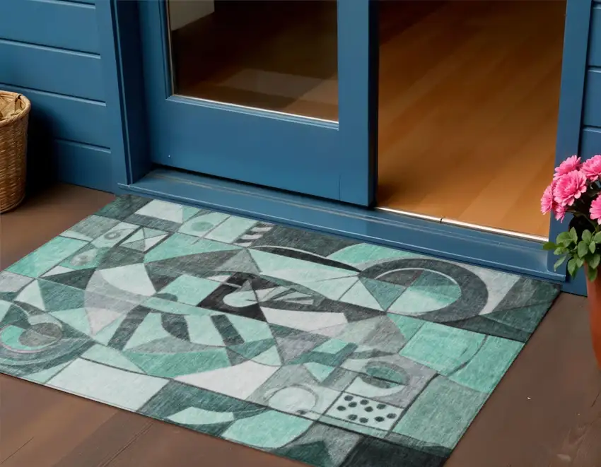 Teal Blue Black Ivory And Gray Abstract Washable Indoor Outdoor Area Rug Photo 2