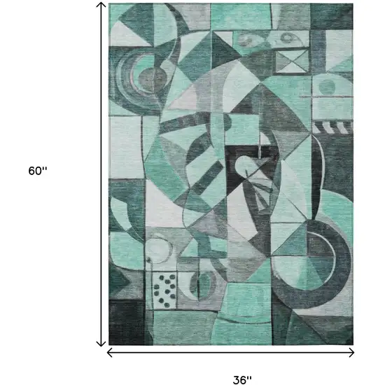 Teal Blue Black Ivory And Gray Abstract Washable Indoor Outdoor Area Rug Photo 9