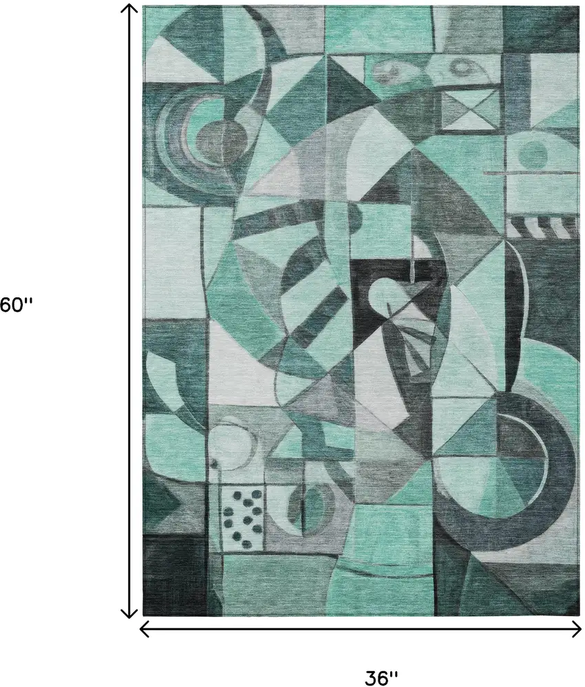 Teal Blue Black Ivory And Gray Abstract Washable Indoor Outdoor Area Rug Photo 9