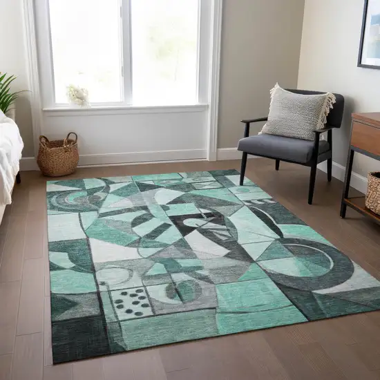 Teal Blue Black Ivory And Gray Abstract Washable Indoor Outdoor Area Rug Photo 6