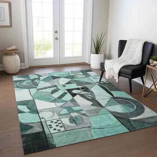 Teal Blue Black Ivory And Gray Abstract Washable Indoor Outdoor Area Rug Photo 5