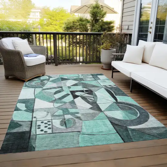 Teal Blue Black Ivory And Gray Abstract Washable Indoor Outdoor Area Rug Photo 7