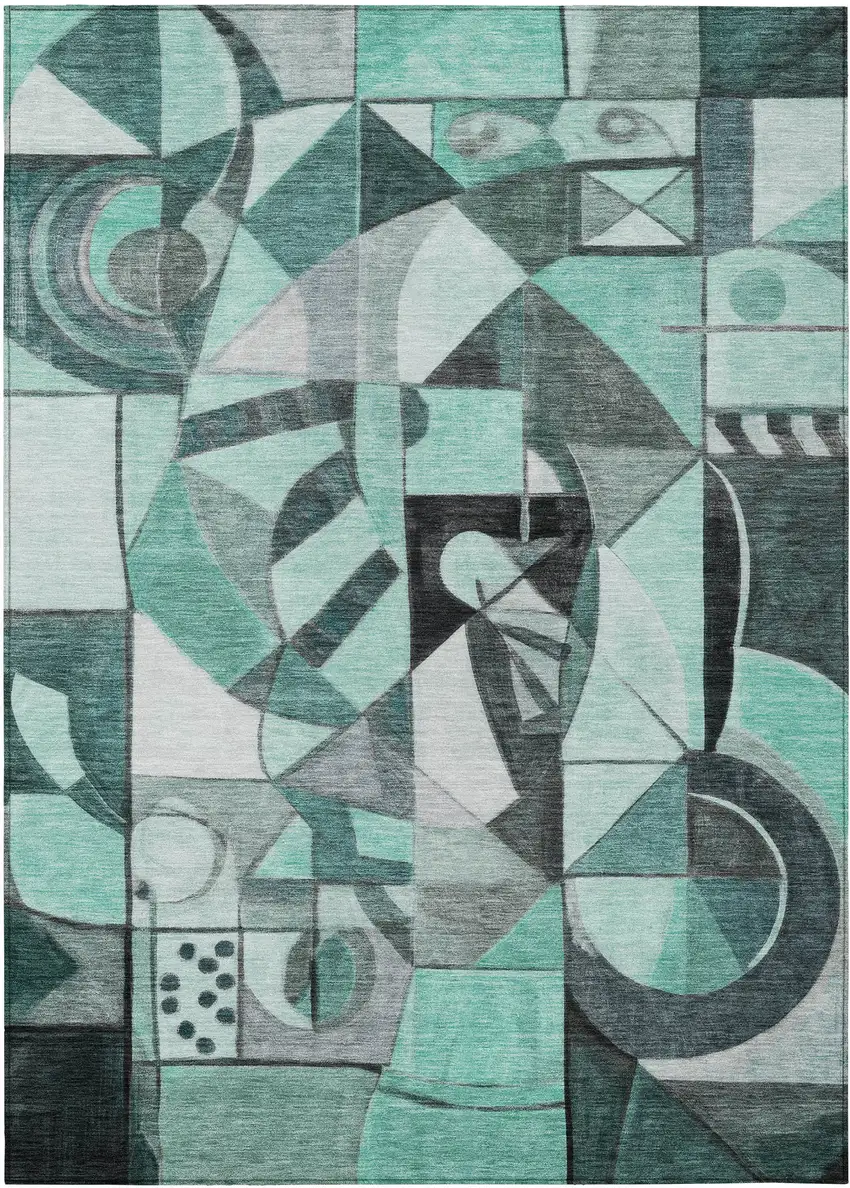 Teal Blue Black Ivory And Gray Abstract Washable Indoor Outdoor Area Rug Photo 1
