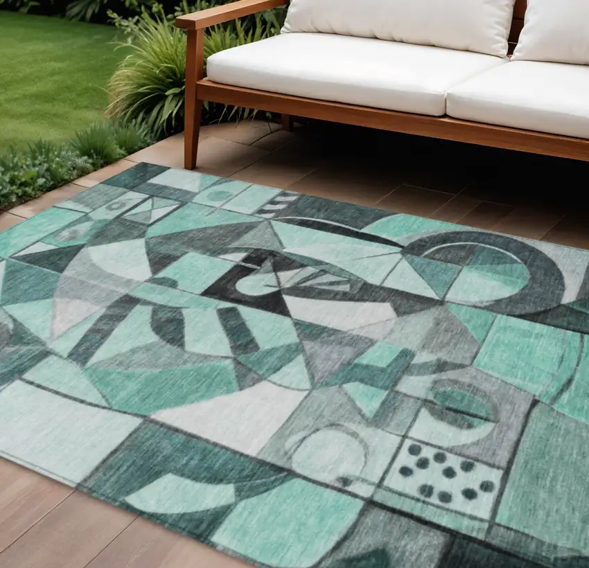 Teal Blue Black Ivory And Gray Abstract Washable Indoor Outdoor Area Rug Photo 2