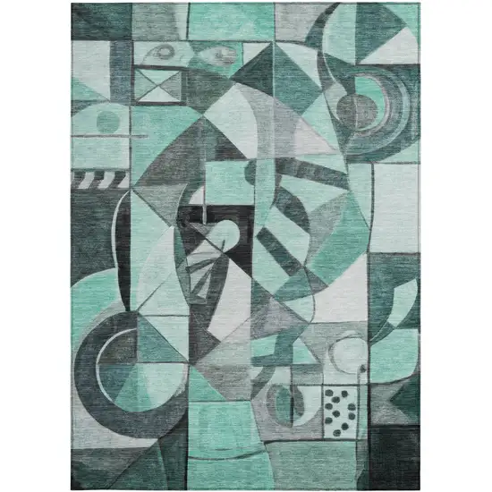 Teal Blue Black Ivory And Gray Abstract Washable Indoor Outdoor Area Rug Photo 4