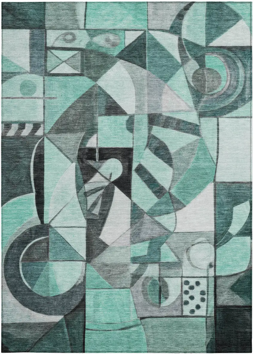 Teal Blue Black Ivory And Gray Abstract Washable Indoor Outdoor Area Rug Photo 4
