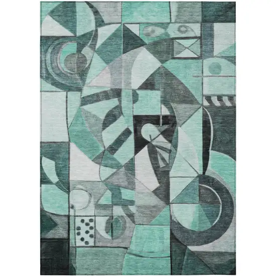 Teal Blue Black Ivory And Gray Abstract Washable Indoor Outdoor Area Rug Photo 1