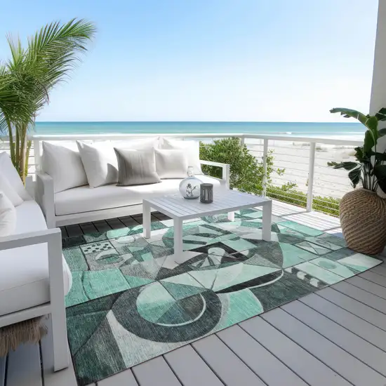 Teal Blue Black Ivory And Gray Abstract Washable Indoor Outdoor Area Rug Photo 5
