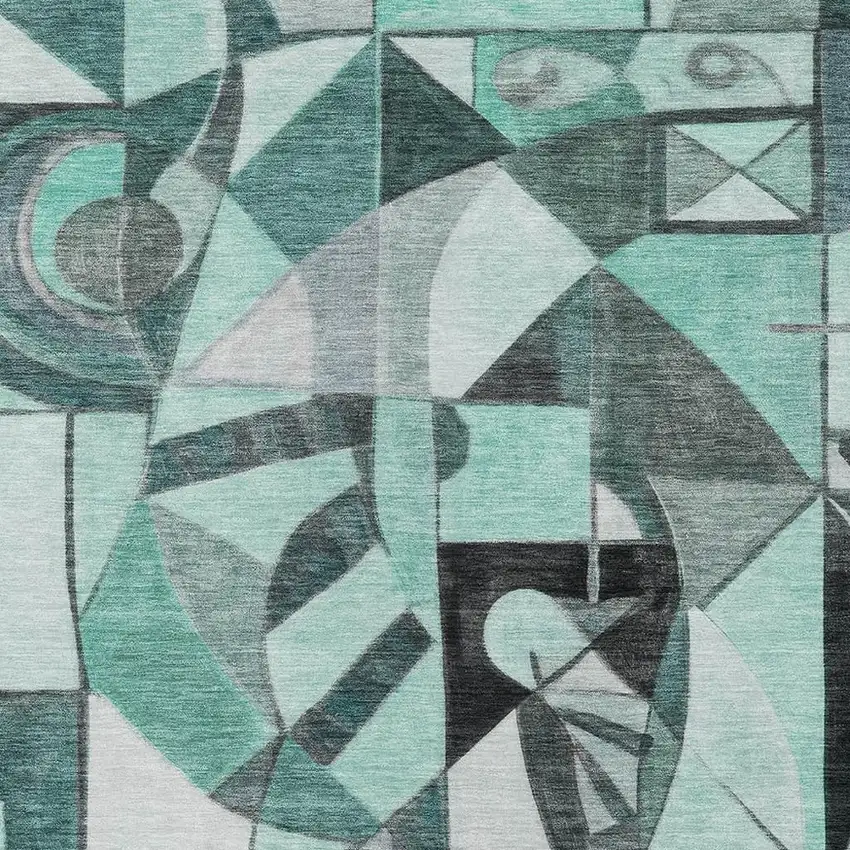 Teal Blue Black Ivory And Gray Abstract Washable Indoor Outdoor Area Rug Photo 3