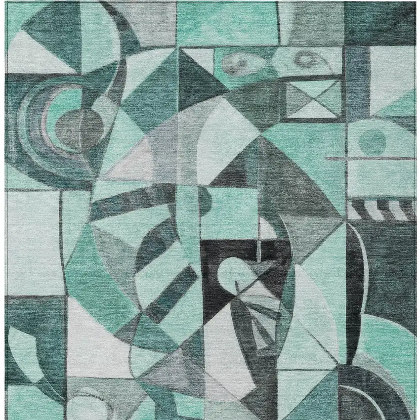 Teal Blue Black Ivory And Gray Abstract Washable Indoor Outdoor Area Rug Photo 7