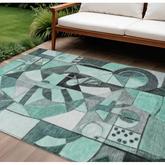 Teal Blue Black Ivory And Gray Abstract Washable Indoor Outdoor Area Rug Photo 2
