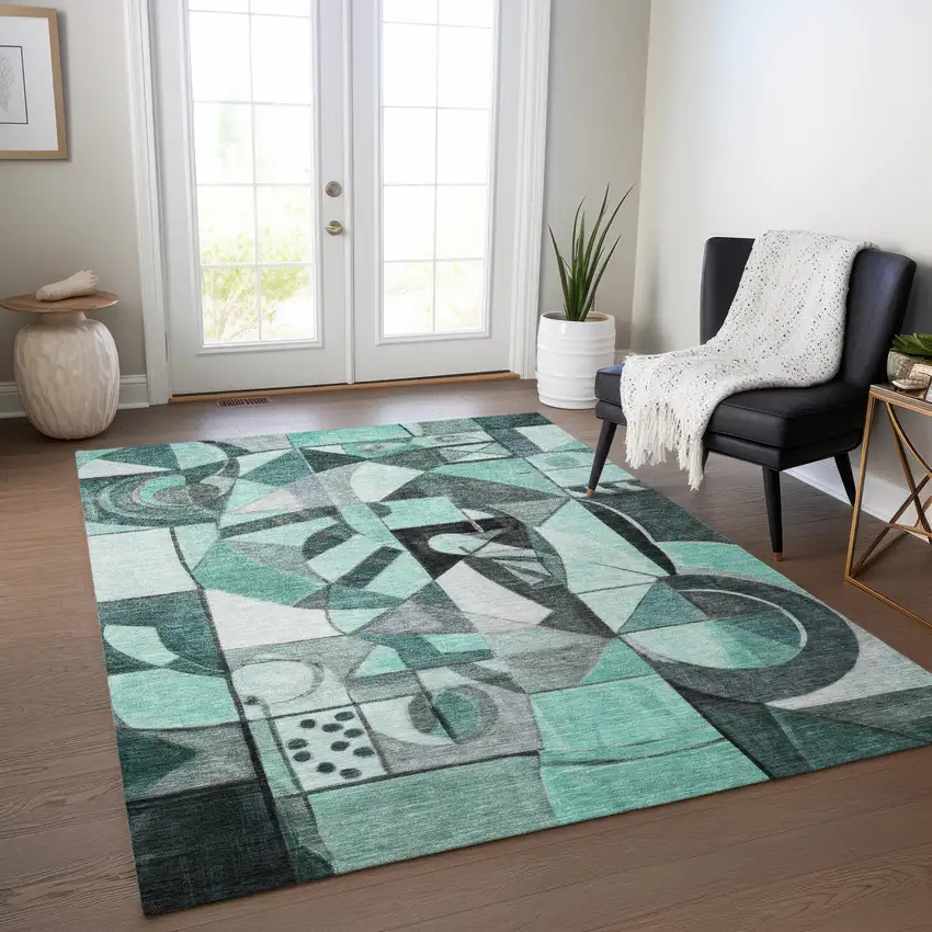 Teal Blue Black Ivory And Gray Abstract Washable Indoor Outdoor Area Rug Photo 6