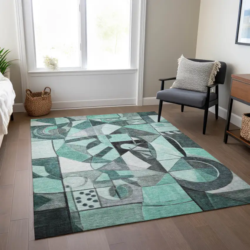 Teal Blue Black Ivory And Gray Abstract Washable Indoor Outdoor Area Rug Photo 7