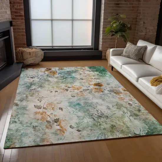 Teal Blue Blue And Green Floral Washable Indoor Outdoor Area Rug Photo 8