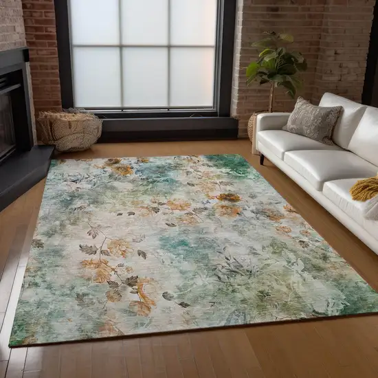 Teal Blue Blue And Green Floral Washable Indoor Outdoor Area Rug Photo 8