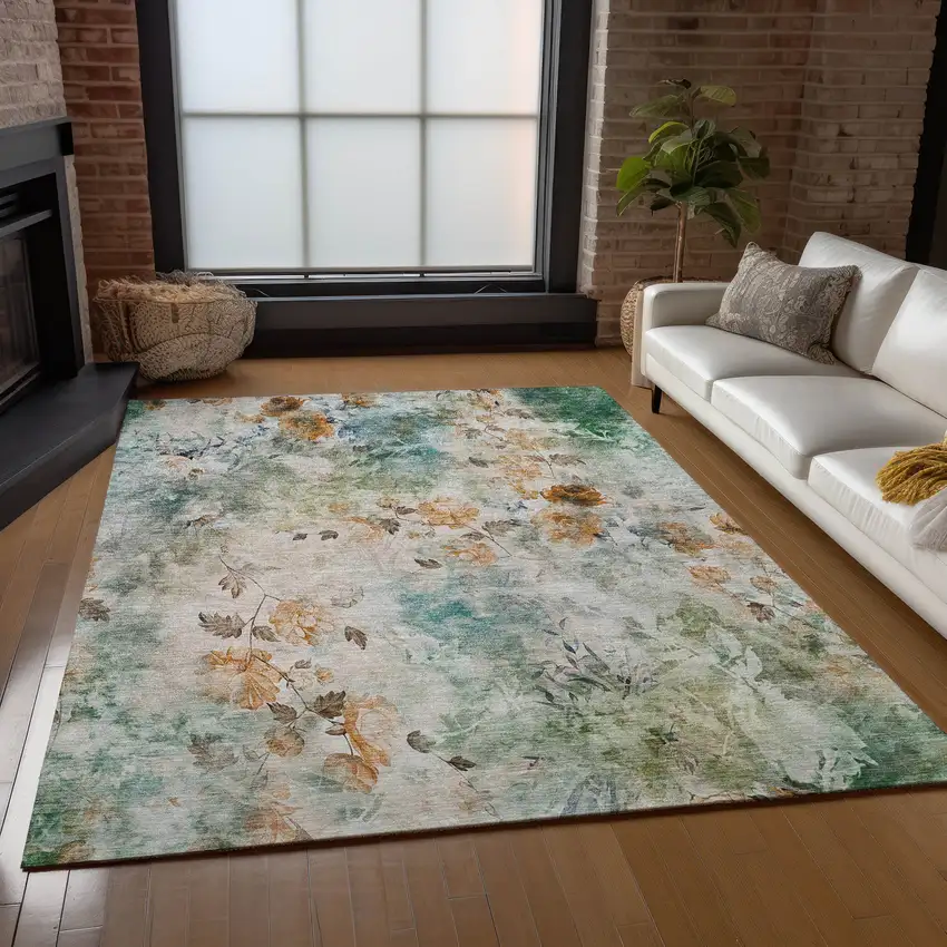 Teal Blue Blue And Green Floral Washable Indoor Outdoor Area Rug Photo 8