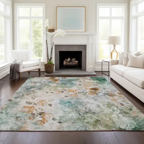 Teal Blue Blue And Green Floral Washable Indoor Outdoor Area Rug Photo 7