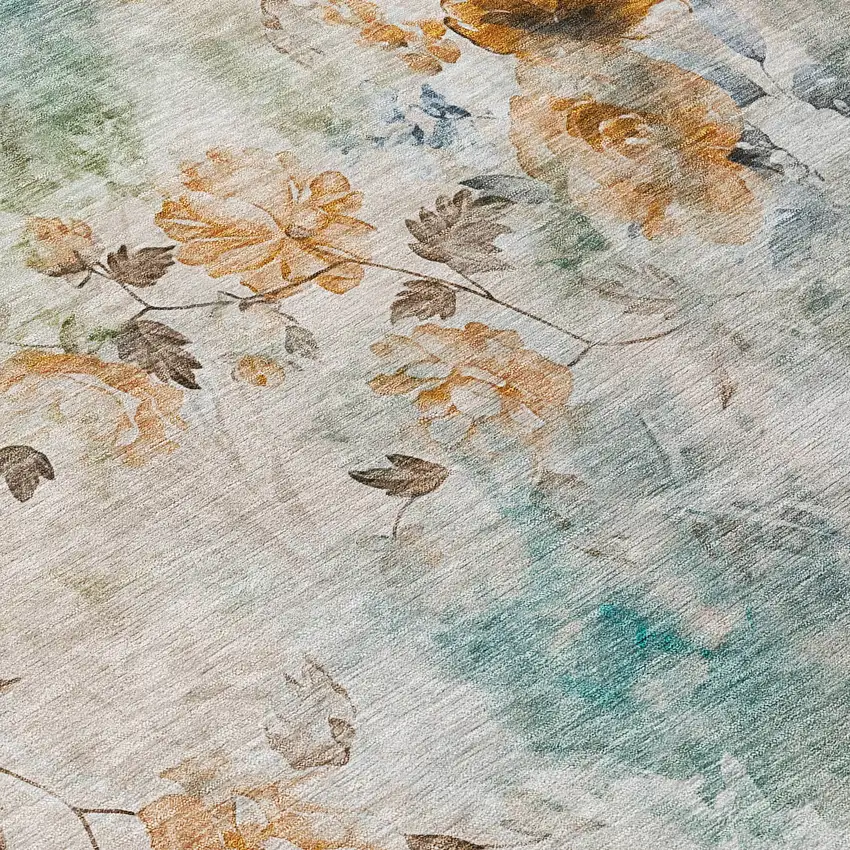 Teal Blue Blue And Green Floral Washable Indoor Outdoor Area Rug Photo 5