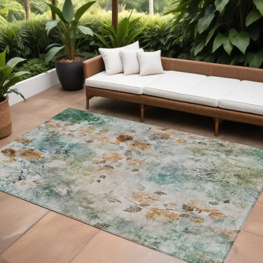 Teal Blue Blue And Green Floral Washable Indoor Outdoor Area Rug Photo 1