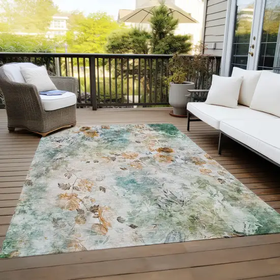 Teal Blue Blue And Green Floral Washable Indoor Outdoor Area Rug Photo 9