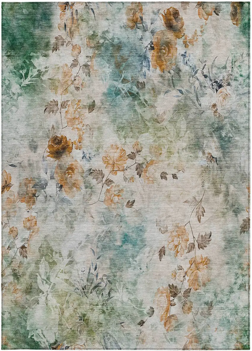 Teal Blue Blue And Green Floral Washable Indoor Outdoor Area Rug Photo 5
