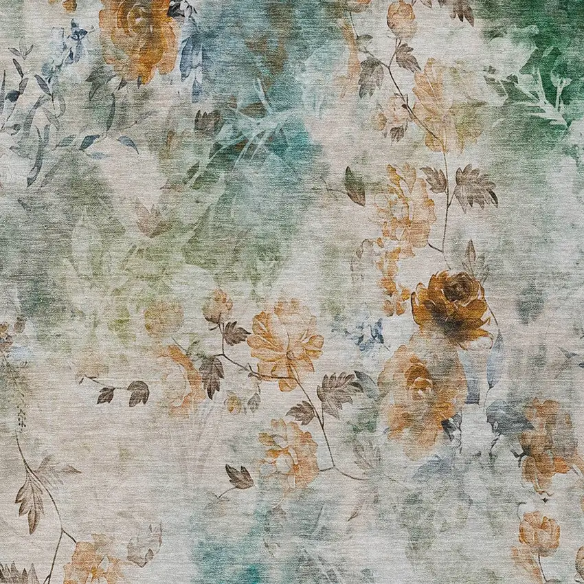 Teal Blue Blue And Green Floral Washable Indoor Outdoor Area Rug Photo 6