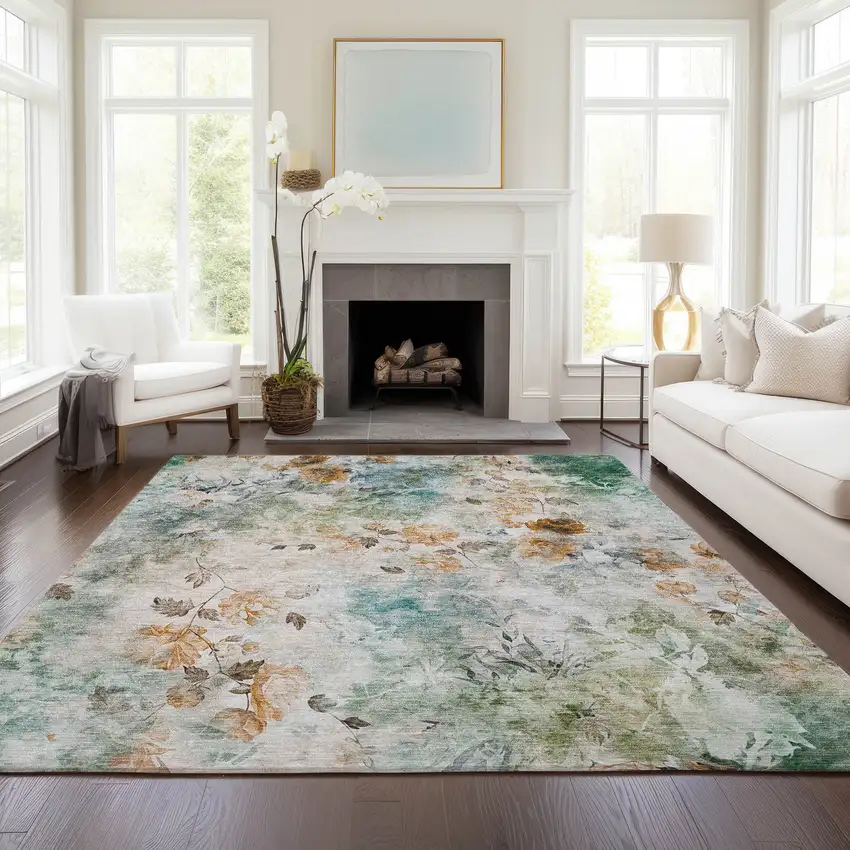 Teal Blue Blue And Green Floral Washable Indoor Outdoor Area Rug Photo 9