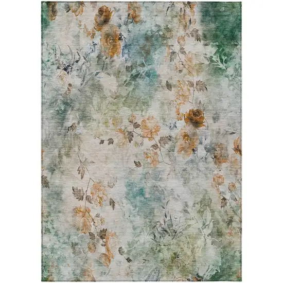 Teal Blue Blue And Green Floral Washable Indoor Outdoor Area Rug Photo 2