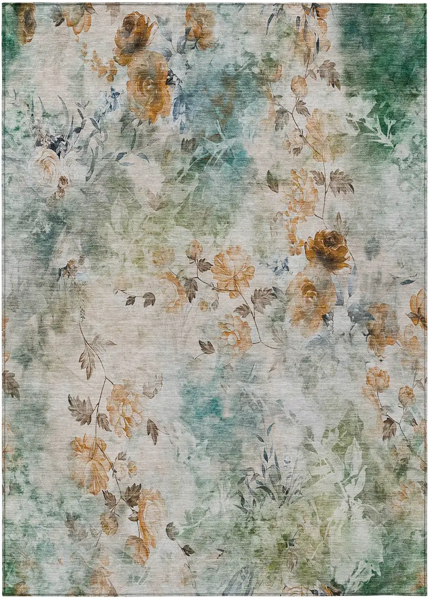 Teal Blue Blue And Green Floral Washable Indoor Outdoor Area Rug Photo 2
