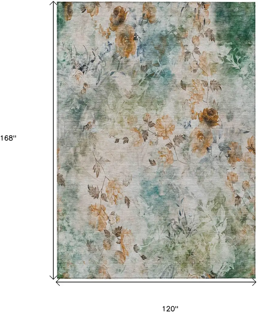 Teal Blue And Green Floral Washable Indoor Outdoor Area Rug Photo 8