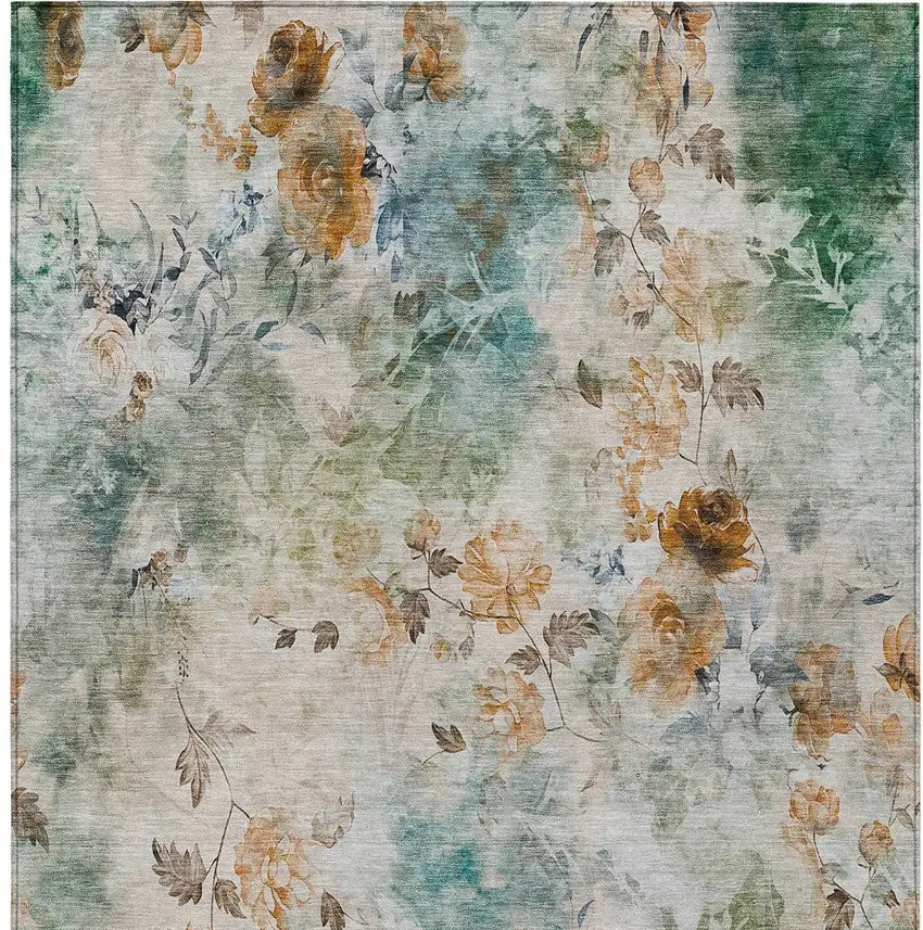 Teal Blue Blue And Green Floral Washable Indoor Outdoor Area Rug Photo 7