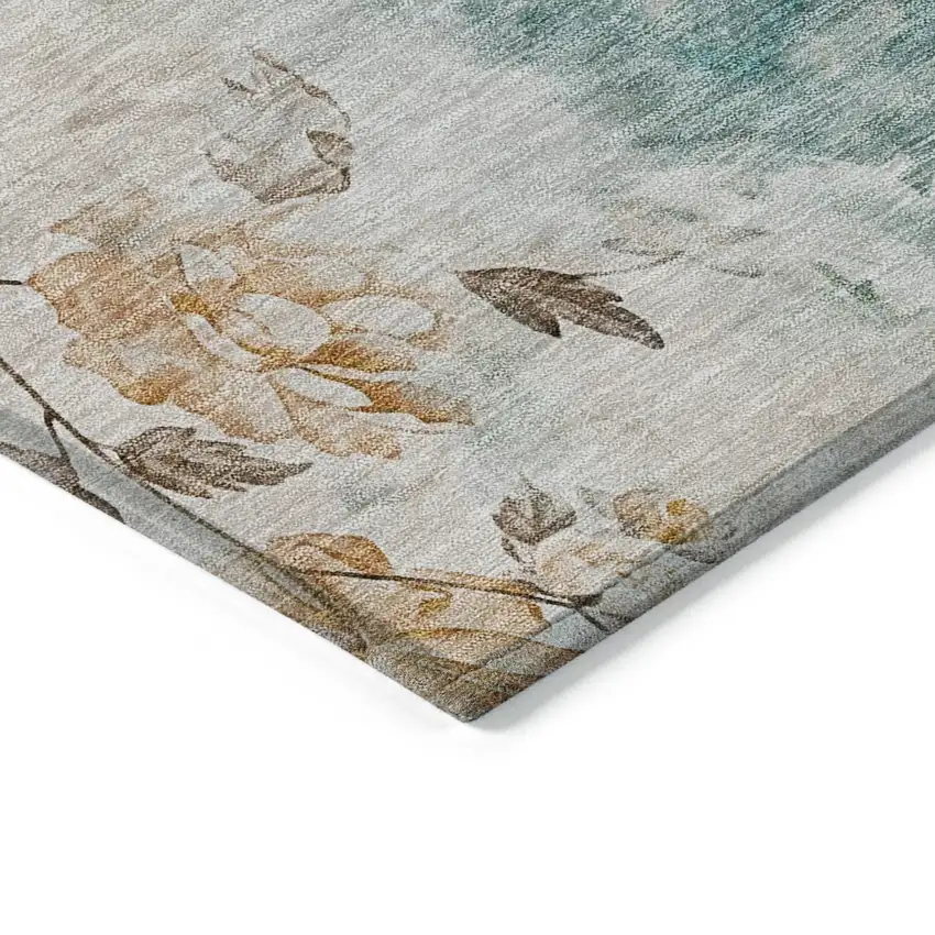 Teal Blue Blue And Green Floral Washable Indoor Outdoor Area Rug Photo 4