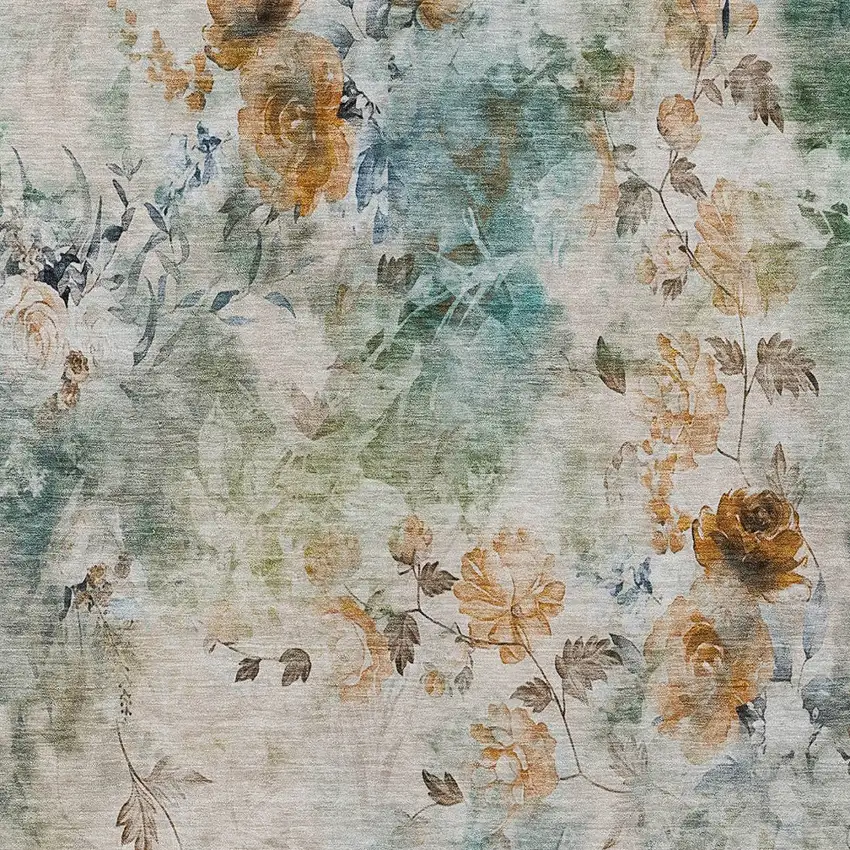 Teal Blue Blue And Green Floral Washable Indoor Outdoor Area Rug Photo 6