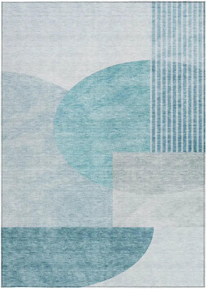 Teal Blue Blue And Silver Geometric Washable Indoor Outdoor Area Rug Photo 7