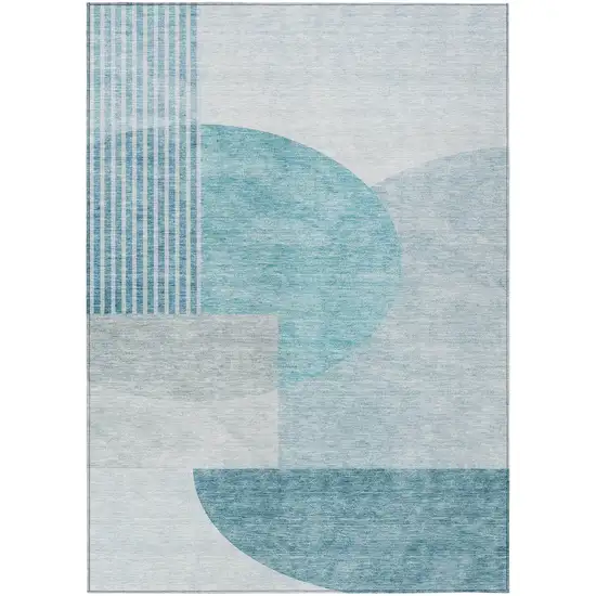 Teal Blue Blue And Silver Geometric Washable Indoor Outdoor Area Rug Photo 2