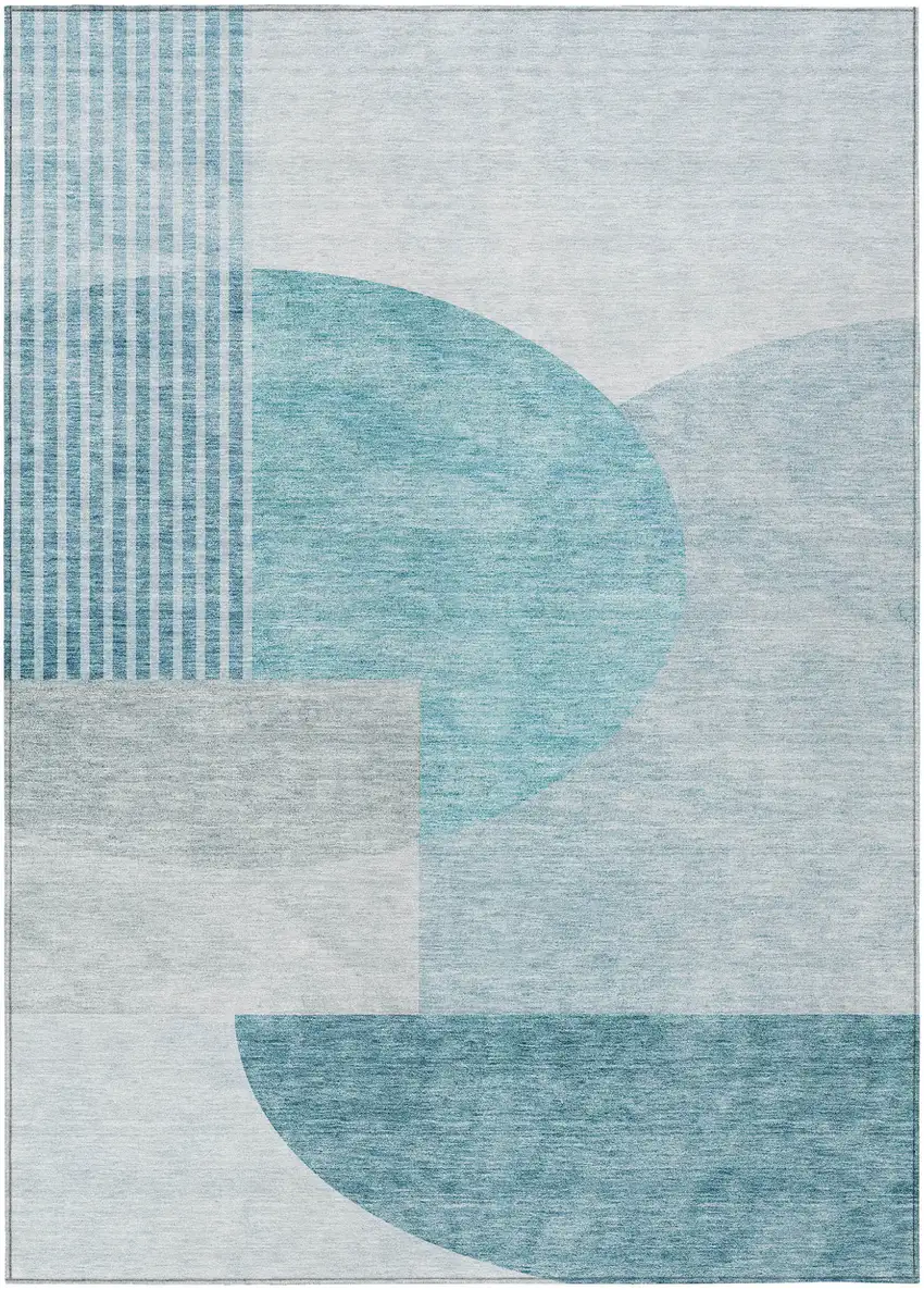 Teal Blue Blue And Silver Geometric Washable Indoor Outdoor Area Rug Photo 2
