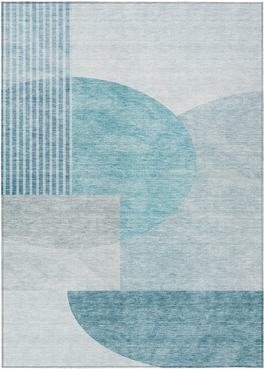 Teal Blue Blue And Silver Geometric Washable Indoor Outdoor Area Rug Photo 2