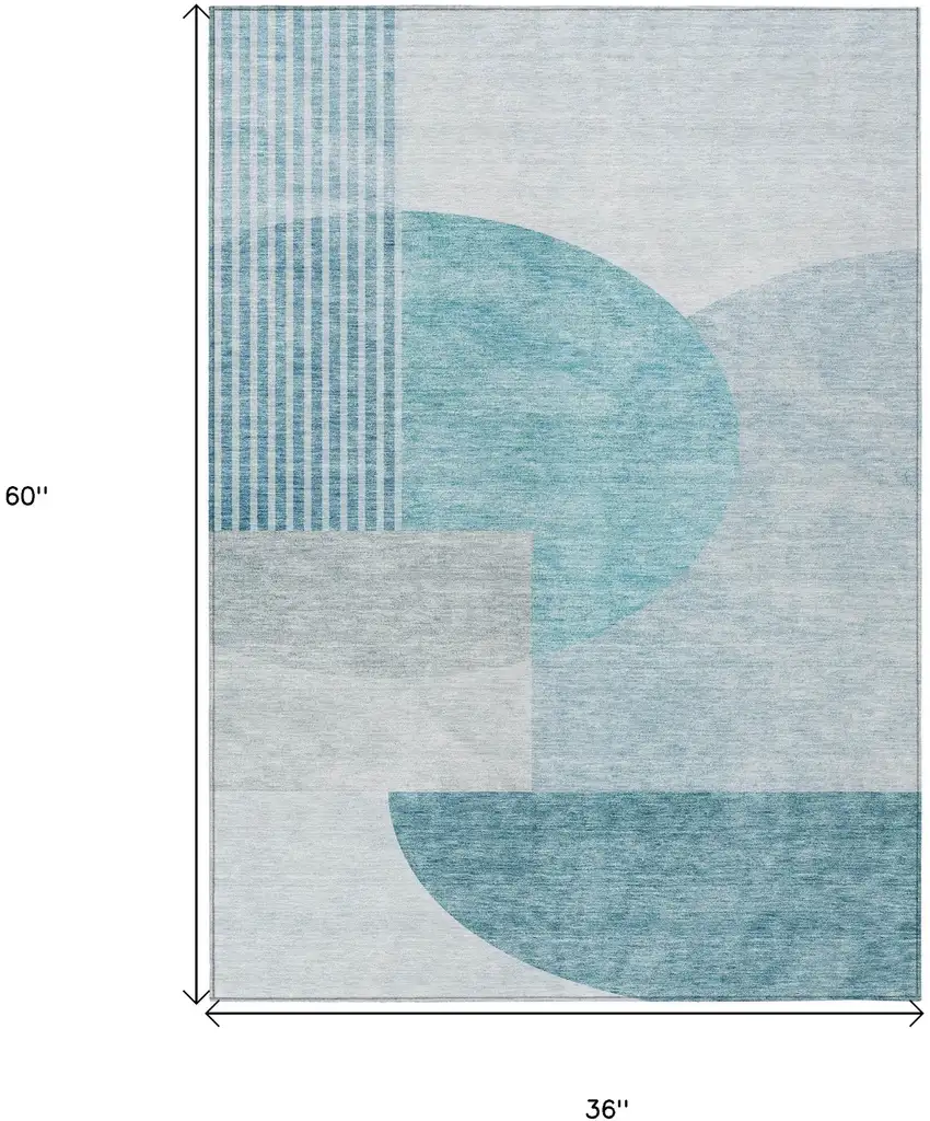 Teal Blue Blue And Silver Geometric Washable Indoor Outdoor Area Rug Photo 3