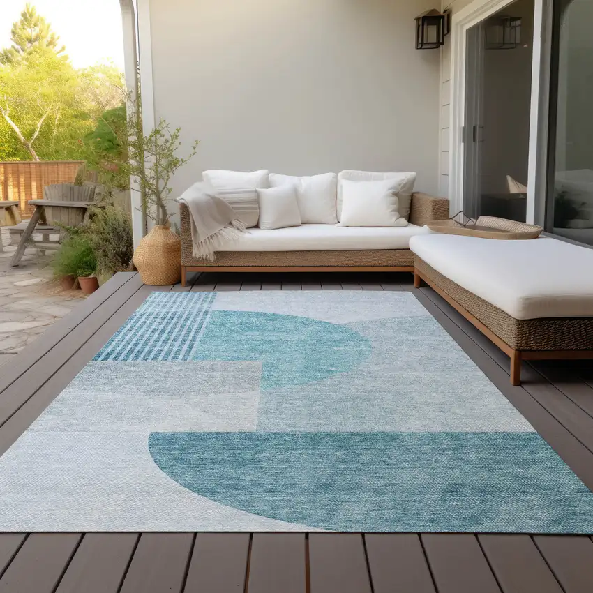 Teal Blue Blue And Silver Geometric Washable Indoor Outdoor Area Rug Photo 8