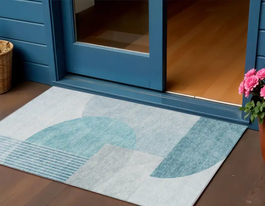 Teal Blue Blue And Silver Geometric Washable Indoor Outdoor Area Rug Photo 1