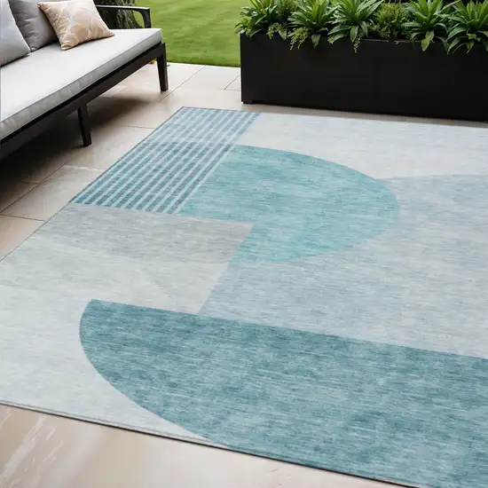 Teal Blue Blue And Silver Geometric Washable Indoor Outdoor Area Rug Photo 1
