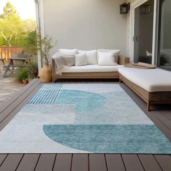 Teal Blue Blue And Silver Geometric Washable Indoor Outdoor Area Rug Photo 8
