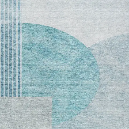 Teal Blue Blue And Silver Geometric Washable Indoor Outdoor Area Rug Photo 6