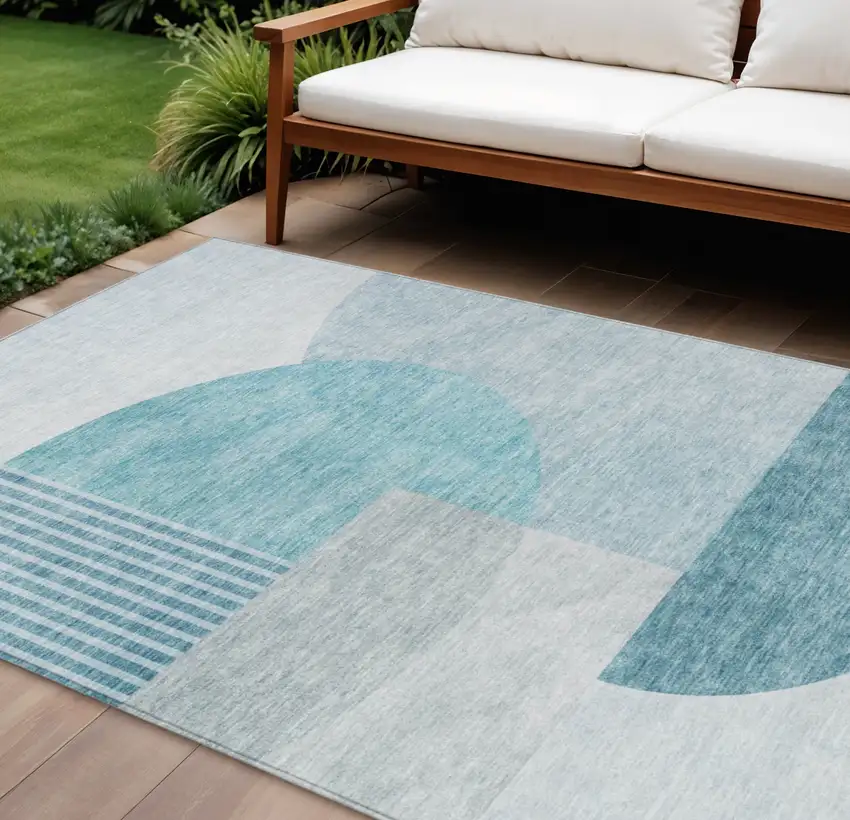 Teal Blue Blue And Silver Geometric Washable Indoor Outdoor Area Rug Photo 1