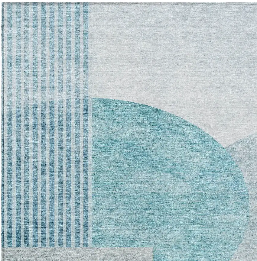 Teal Blue Blue And Silver Geometric Washable Indoor Outdoor Area Rug Photo 6