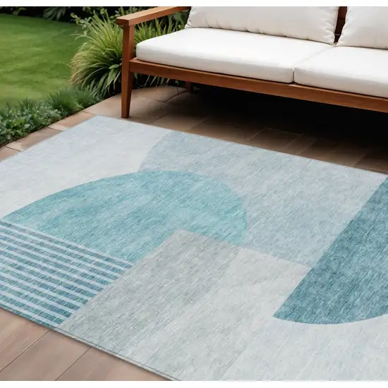 Teal Blue Blue And Silver Geometric Washable Indoor Outdoor Area Rug Photo 1